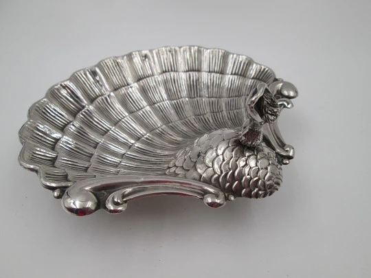 Almond shell dish. Sterling silver. Mermaid and scale motifs. Fish shaped legs. 1970's