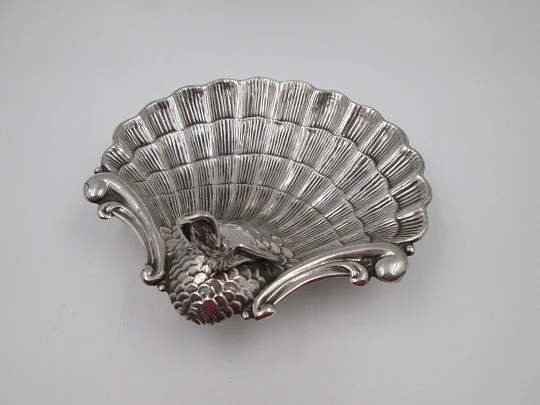 Almond shell dish. Sterling silver. Mermaid and scale motifs. Fish shaped legs. 1970's