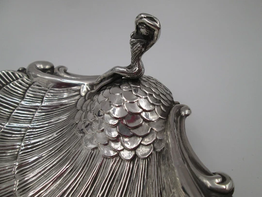 Almond shell dish. Sterling silver. Mermaid and scale motifs. Fish shaped legs. 1970's