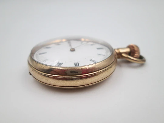 American Waltham open-face pocket watch. Gold plated. Stem-wind. Porcelain dial. 1910's