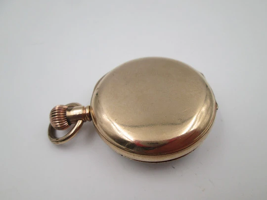 American Waltham open-face pocket watch. Gold plated. Stem-wind. Porcelain dial. 1910's