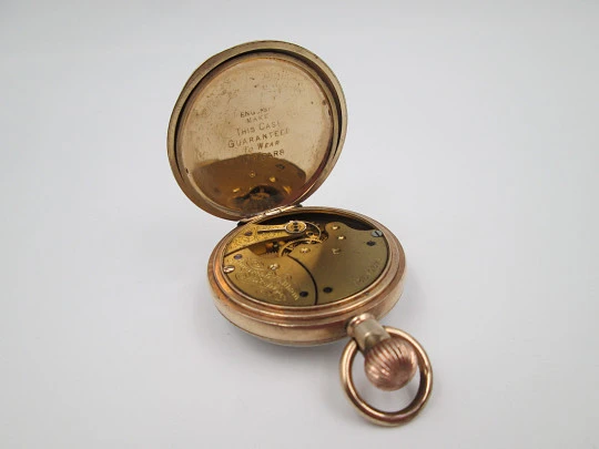 American Waltham open-face pocket watch. Gold plated. Stem-wind. Porcelain dial. 1910's