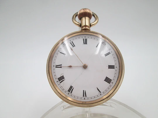 American Waltham open-face pocket watch. Gold plated. Stem-wind. Porcelain dial. 1910's