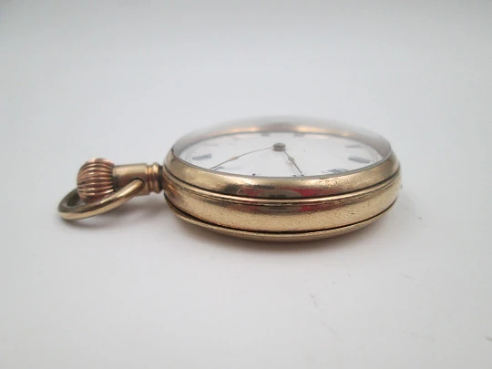 American Waltham open-face pocket watch. Gold plated. Stem-wind. Porcelain dial. 1910's