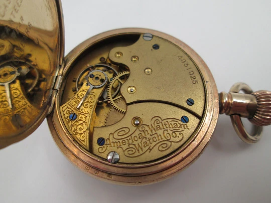 American Waltham open-face pocket watch. Gold plated. Stem-wind. Porcelain dial. 1910's