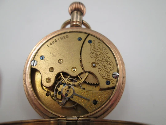 American Waltham open-face pocket watch. Gold plated. Stem-wind. Porcelain dial. 1910's