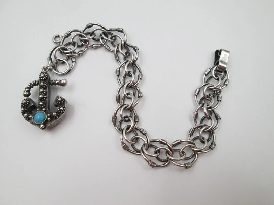 Anchor women's bracelet. Sterling silver. Hoop links. Lantern and flat sphere pendants. 1980's