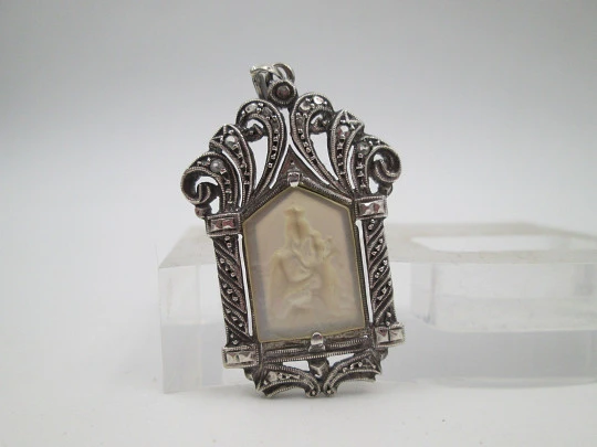 Art Deco pendant medal with mother-of-pearl Virgin in openwork chapel. Marcasites stones