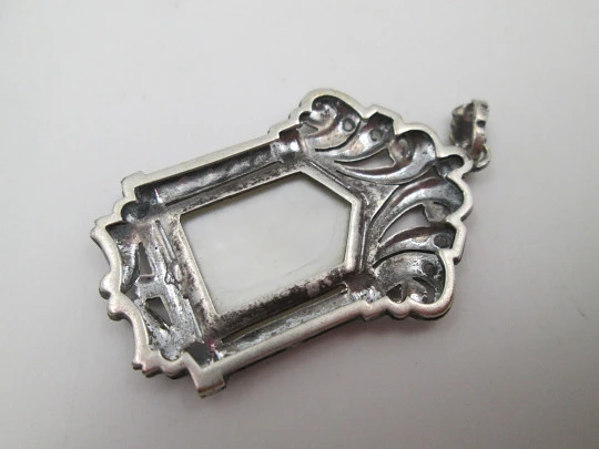 Art Deco pendant medal with mother-of-pearl Virgin in openwork chapel. Marcasites stones