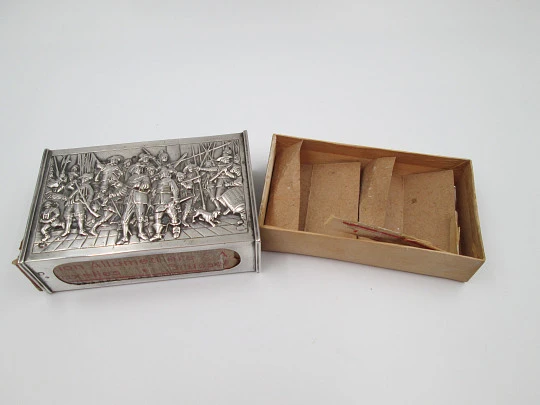 Austro-Hungarian Empire silver desk matchbox. Soldiers scene high relief. 1890's