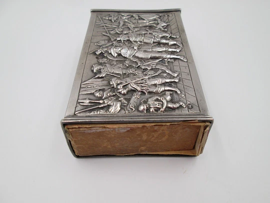 Austro-Hungarian Empire silver desk matchbox. Soldiers scene high relief. 1890's