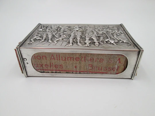 Austro-Hungarian Empire silver desk matchbox. Soldiers scene high relief. 1890's