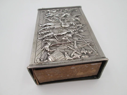 Austro-Hungarian Empire silver desk matchbox. Soldiers scene high relief. 1890's