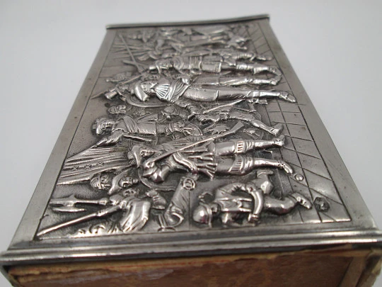 Austro-Hungarian Empire silver desk matchbox. Soldiers scene high relief. 1890's