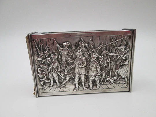 Austro-Hungarian Empire silver desk matchbox. Soldiers scene high relief. 1890's