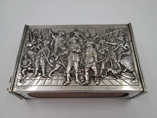 Austro-Hungarian Empire silver desk matchbox. Soldiers scene high relief. 1890's