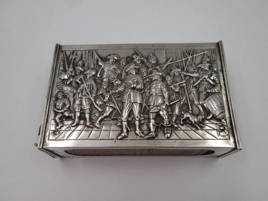 Austro-Hungarian Empire silver desk matchbox. Soldiers scene high relief. 1890's