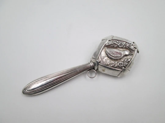 Baby rattle with handle. 835 sterling silver. Duck with flowers and leaves. Portugal. 1980's