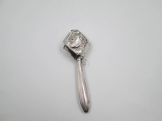 Baby rattle with handle. 835 sterling silver. Duck with flowers and leaves. Portugal. 1980's