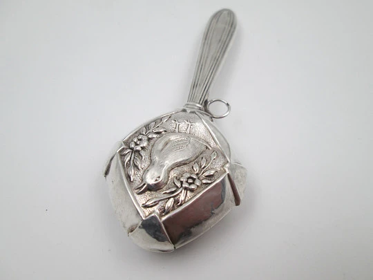 Baby rattle with handle. 835 sterling silver. Duck with flowers and leaves. Portugal. 1980's