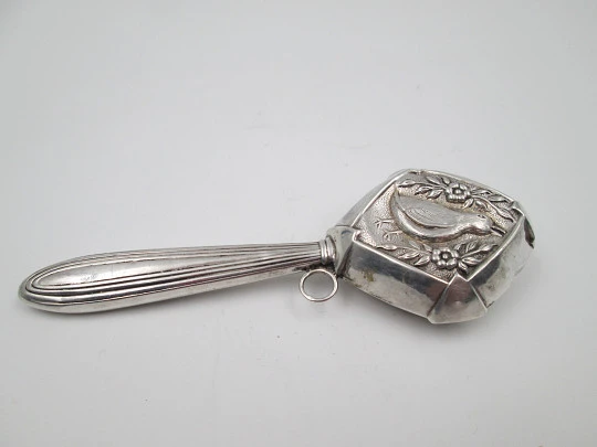 Baby rattle with handle. 835 sterling silver. Duck with flowers and leaves. Portugal. 1980's