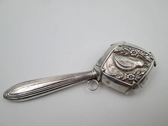 Baby rattle with handle. 835 sterling silver. Duck with flowers and leaves. Portugal. 1980's