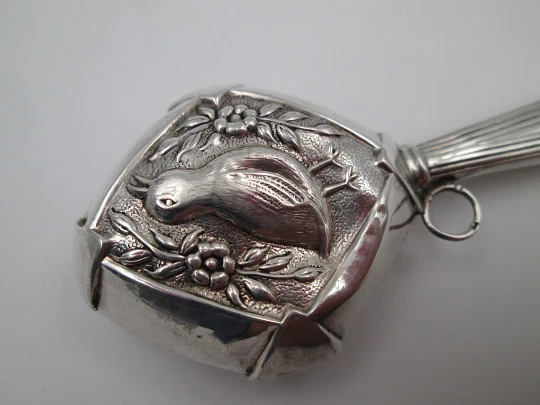 Baby rattle with handle. 835 sterling silver. Duck with flowers and leaves. Portugal. 1980's