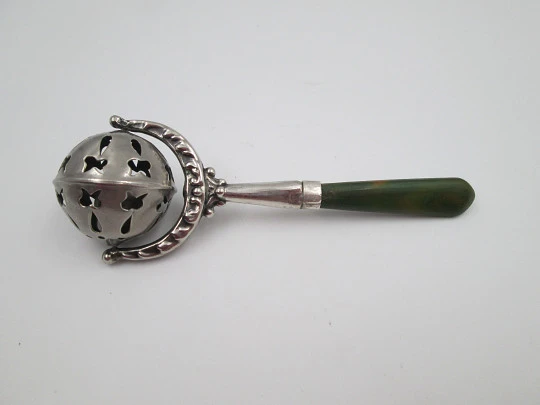 Baby rattle with handle. Sterling silver & bitone resin. Sphere with drops and butterflies