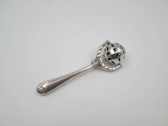 Baby rattle with handle. Sterling silver. Vegetable motifs. Openwork sphere. 1980's