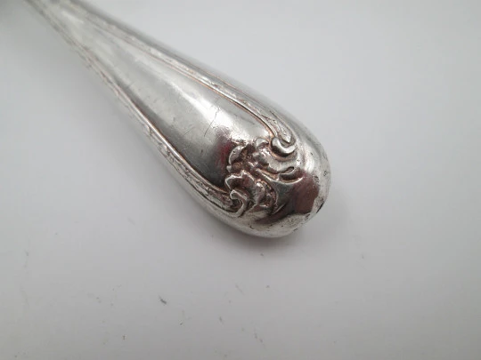 Baby rattle with handle. Sterling silver. Vegetable motifs. Openwork sphere. 1980's