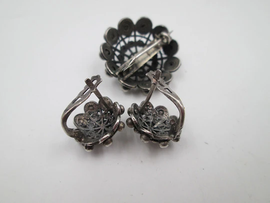 Brooch and earrings women's set regional jewelry. Sterling silver. Charro buttons. Spain