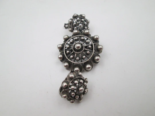 Brooch and earrings women's set regional jewelry. Sterling silver. Charro buttons. Spain