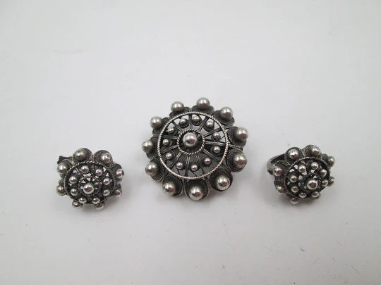 Brooch and earrings women's set regional jewelry. Sterling silver. Charro buttons. Spain