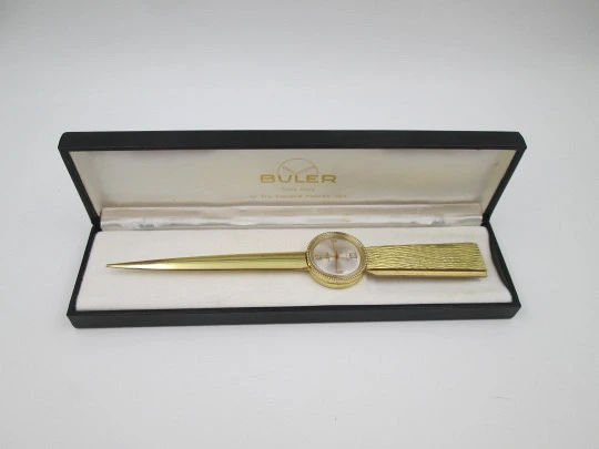 Buler letter opener clock. Gold plated metal. Manual wind. Calendar. Box. Swiss. 1970's