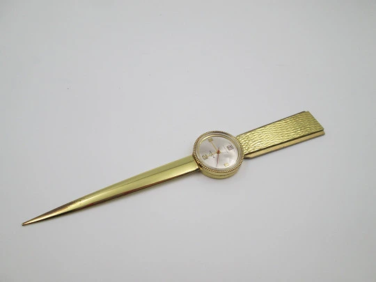 Buler letter opener clock. Gold plated metal. Manual wind. Calendar. Box. Swiss. 1970's