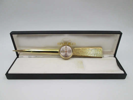 Buler letter opener clock. Gold plated metal. Manual wind. Calendar. Box. Swiss. 1970's