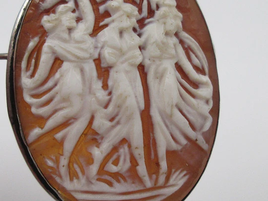 Cameo relief scene nymphs. Pendant brooch with sterling silver frame. Europe. 1940's