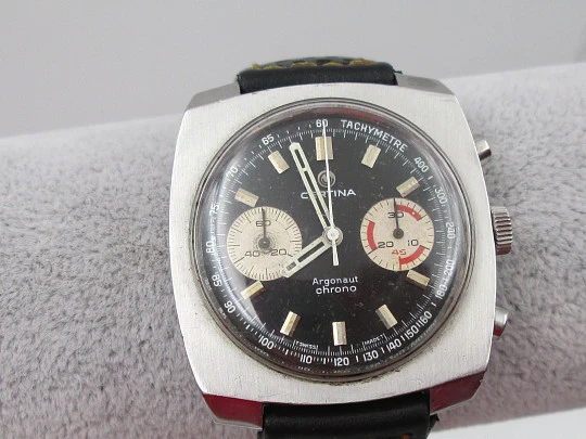 Certina Argonaut men's chronograph. Manual winding. Stainless steel. Leather strap. 1960's