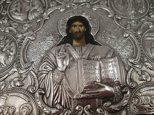 Circular byzantine icon Christ Pantocrator. Sterling silver and wooden frame. Greece