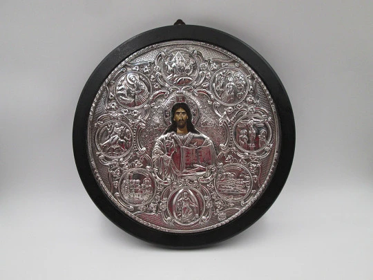 Circular byzantine icon Christ Pantocrator. Sterling silver and wooden frame. Greece