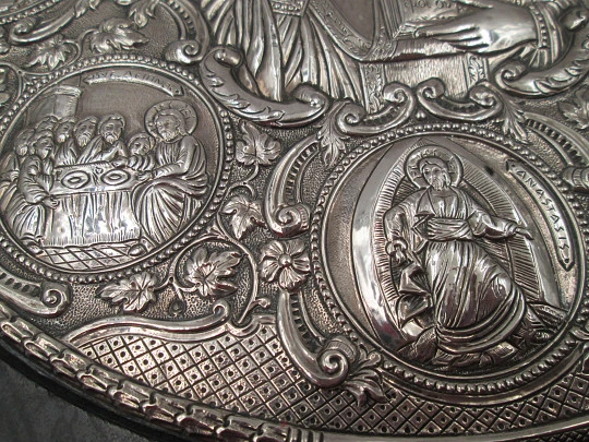 Circular byzantine icon Christ Pantocrator. Sterling silver and wooden frame. Greece