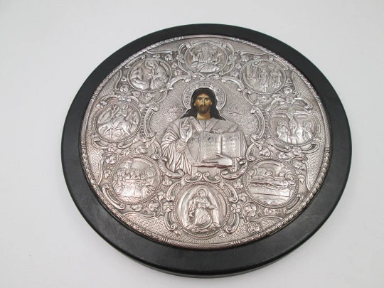 Circular byzantine icon Christ Pantocrator. Sterling silver and wooden frame. Greece