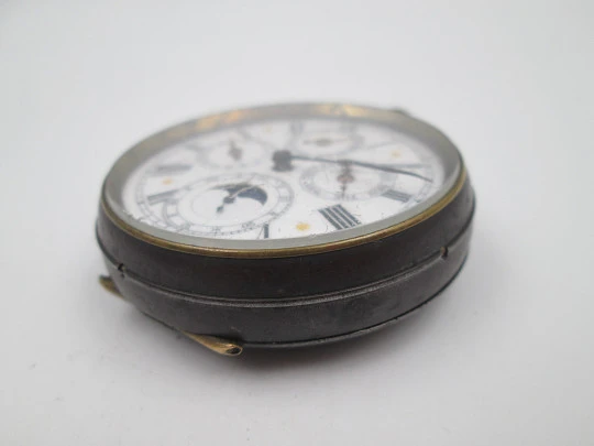 Complication pocket watch. Blued black steel. Stem-wind movement. 1870's. Swiss