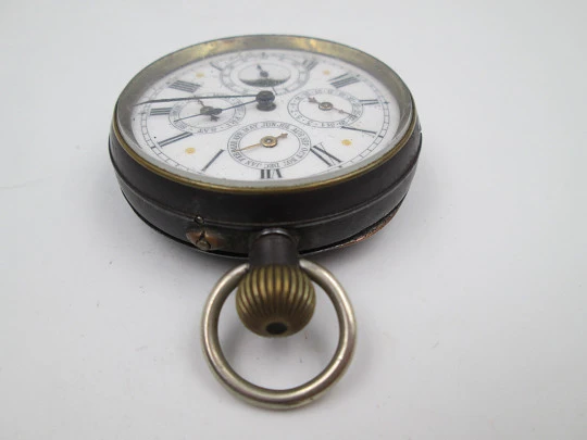 Complication pocket watch. Blued black steel. Stem-wind movement. 1870's. Swiss