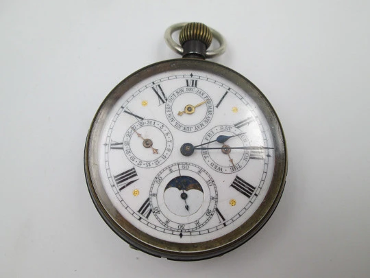 Complication pocket watch. Blued black steel. Stem-wind movement. 1870's. Swiss