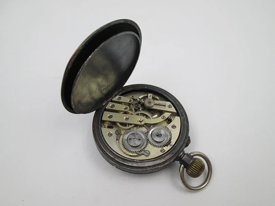 Complication pocket watch. Blued black steel. Stem-wind movement. 1870's. Swiss