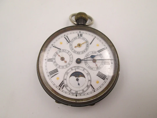 Complication pocket watch. Blued black steel. Stem-wind movement. 1870's. Swiss