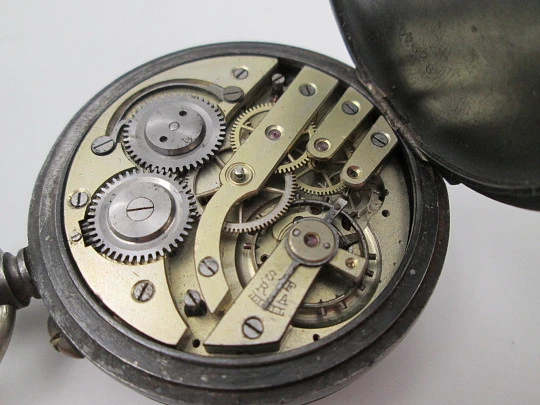 Complication pocket watch. Blued black steel. Stem-wind movement. 1870's. Swiss