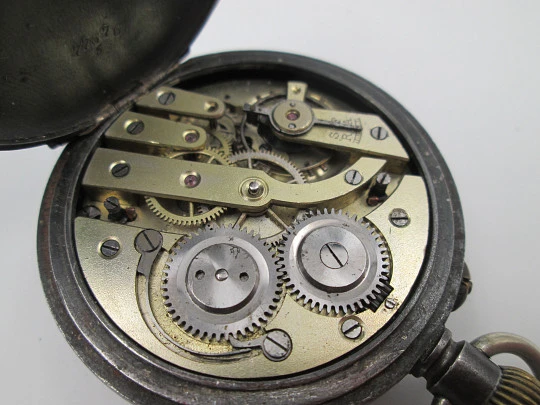 Complication pocket watch. Blued black steel. Stem-wind movement. 1870's. Swiss