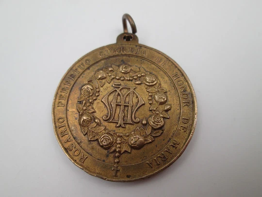 Copper medal. Queen of the Most Holy Rosary. Mary's Honor Guard. Ring on top. 1920's